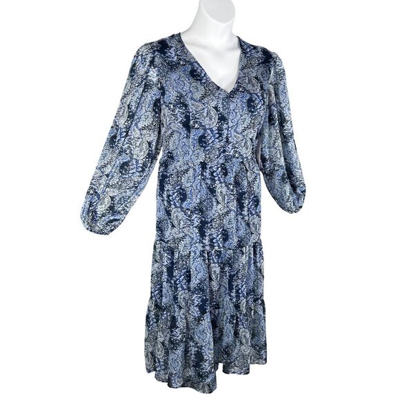NWT Joie L Midi Dress Blue White Abstract Bohemian Balloon Sleeves Chiffon Flowy - Picture 5 of 16
